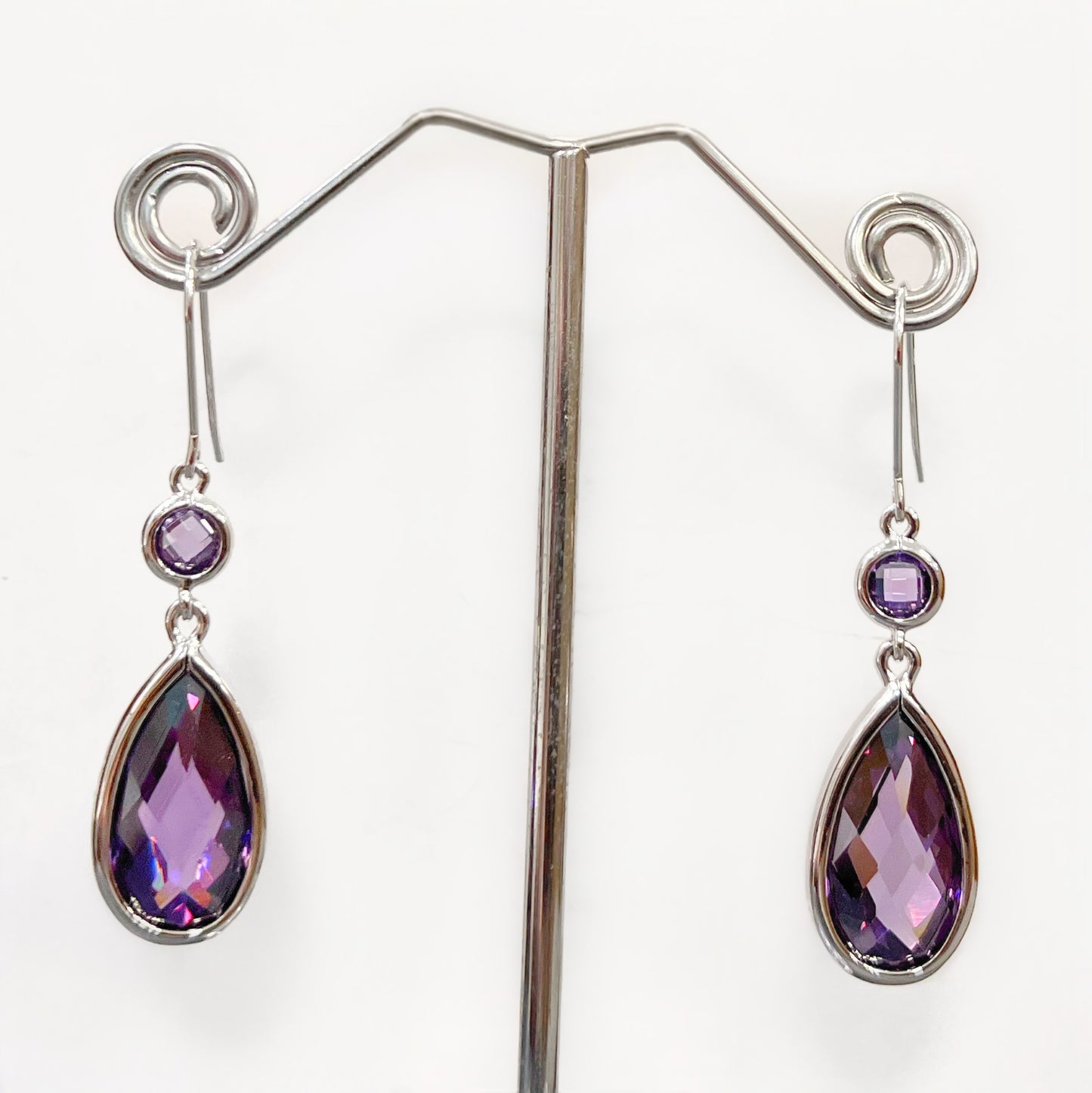 Sterling Silver Checkerboard Faceted Pear Amethyst Glass Drop Earrings