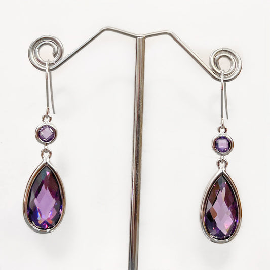 Sterling Silver Checkerboard Faceted Pear Amethyst Glass Drop Earrings