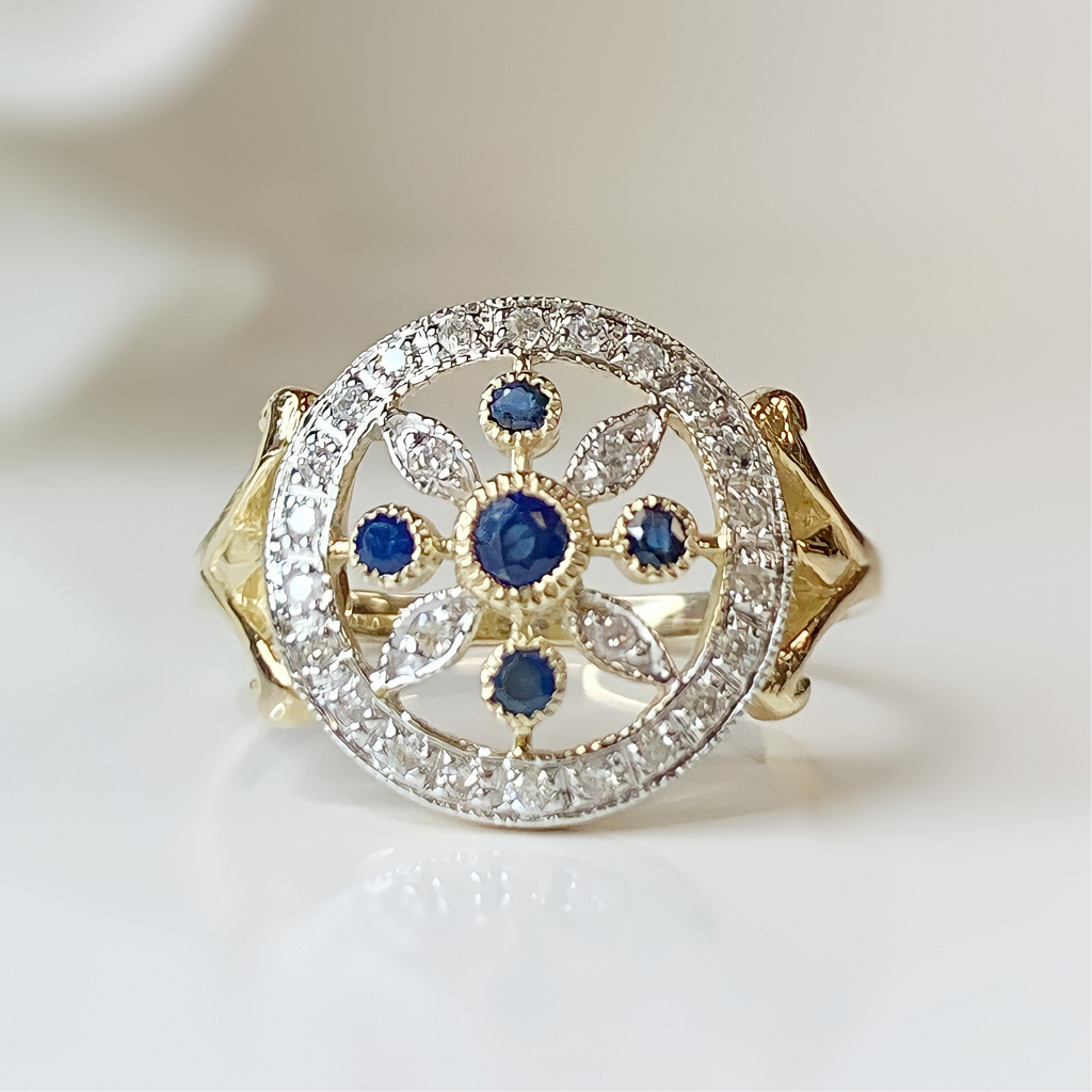 Victorian Inspired Sapphire and Diamond 9ct Yellow Gold Ring | Size L ½