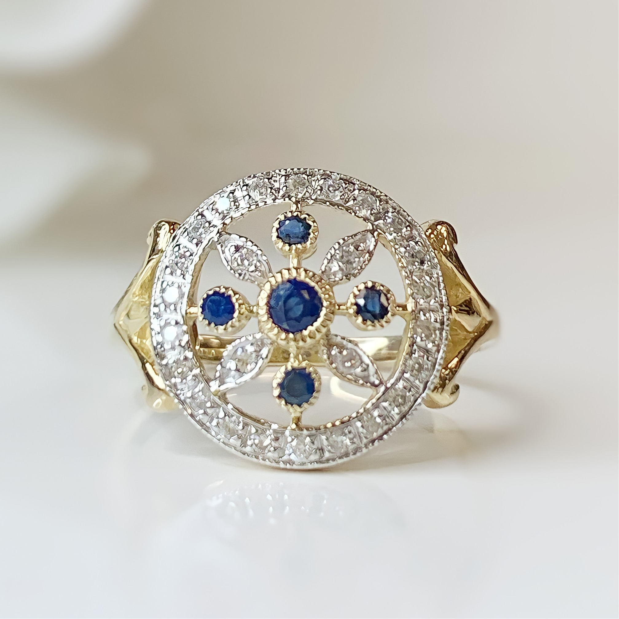 Victorian Inspired Sapphire and Diamond 9ct Yellow Gold Ring | Size L ½