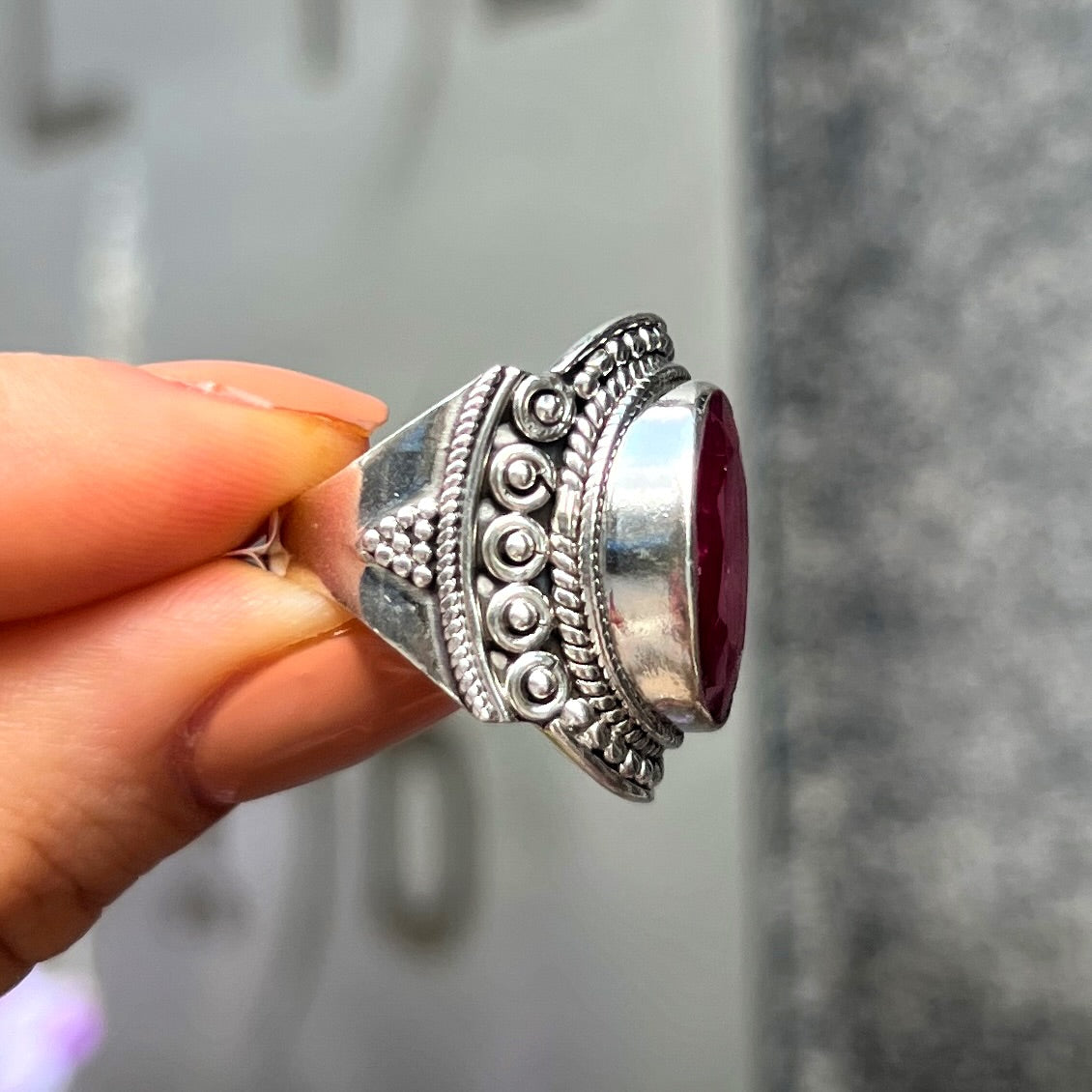 Bohemian Detailed Chunky Sterling Silver Ruby Ring - Size L