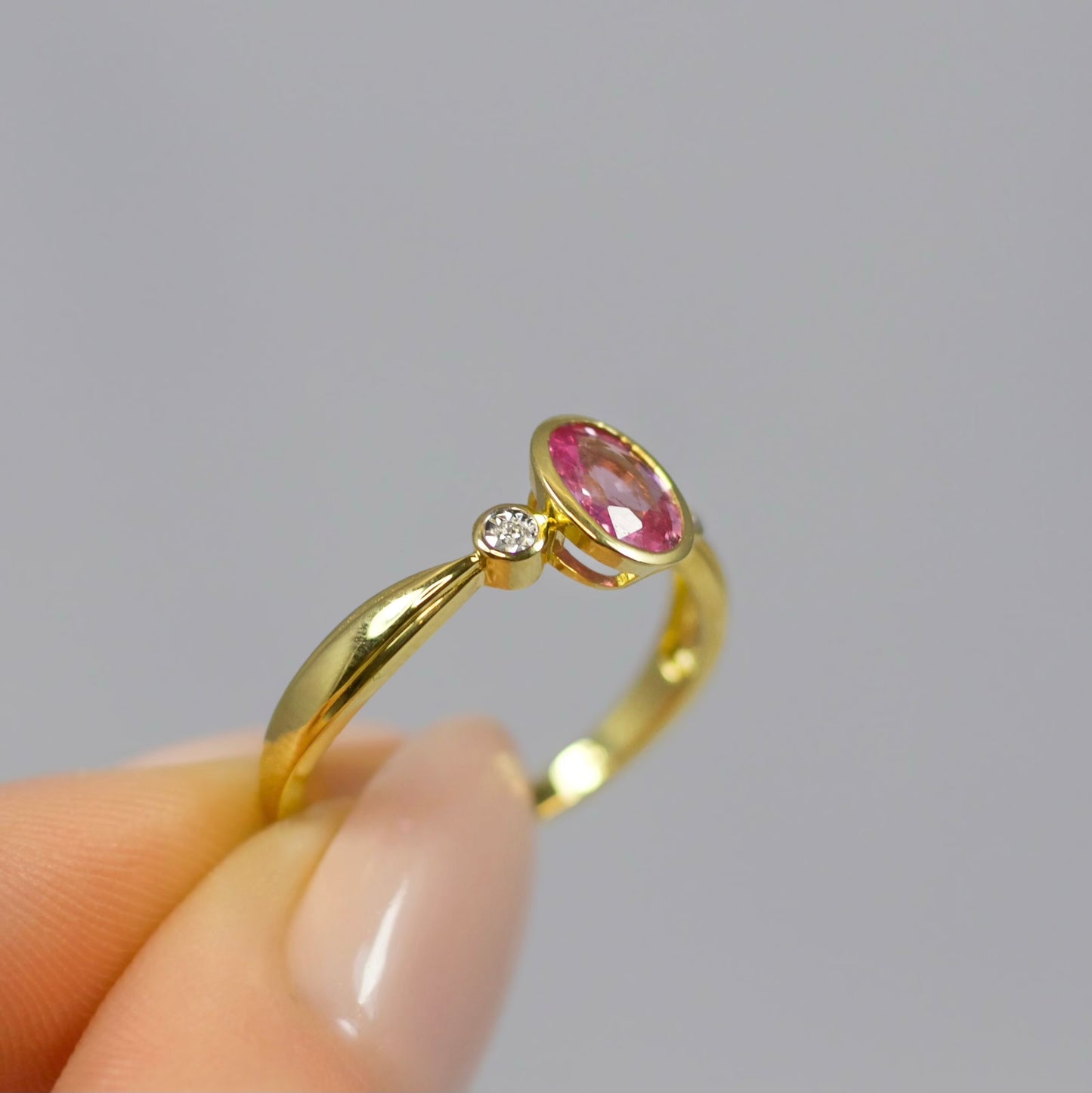 'Aurora' Ring - 9ct Yellow Gold Pink Sapphire and Diamond Trilogy Size O