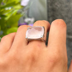 Checkerboard Cut Cabochon Rose Quartz Sterling Silver Chunky Ring | Size H