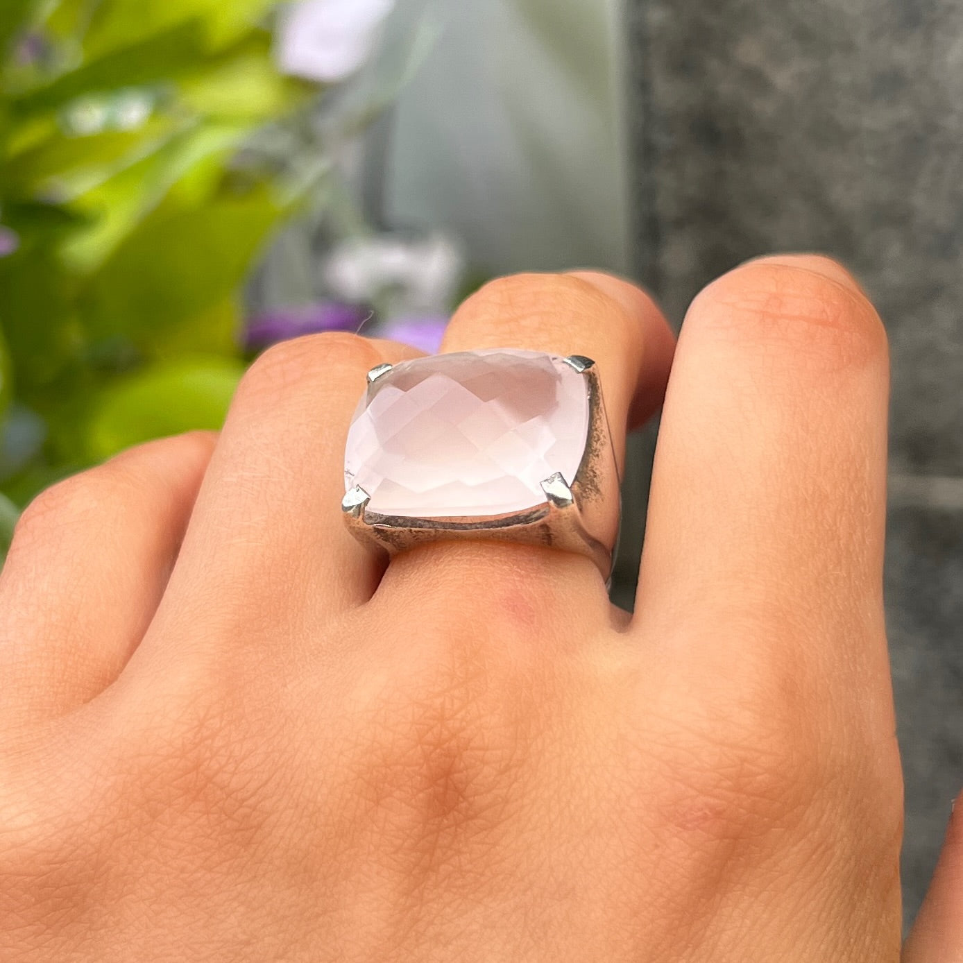 Chunky Sterling Silver Checkerboard Cut Cabochon Pink Rose Quartz Ring - Size H