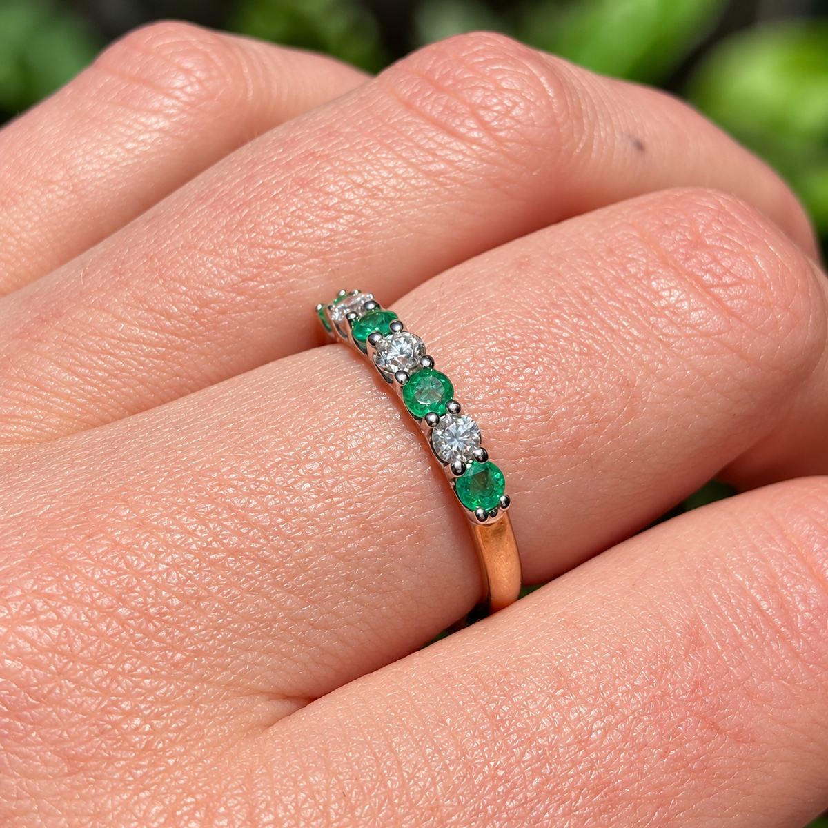 Emerald and Diamond Dainty 9ct Yellow Gold Half Eternity Ring | Size O
