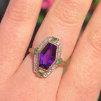 Art Deco Reproduction Amethyst Emerald and Diamond 9ct Yellow Gold Ring | Size N