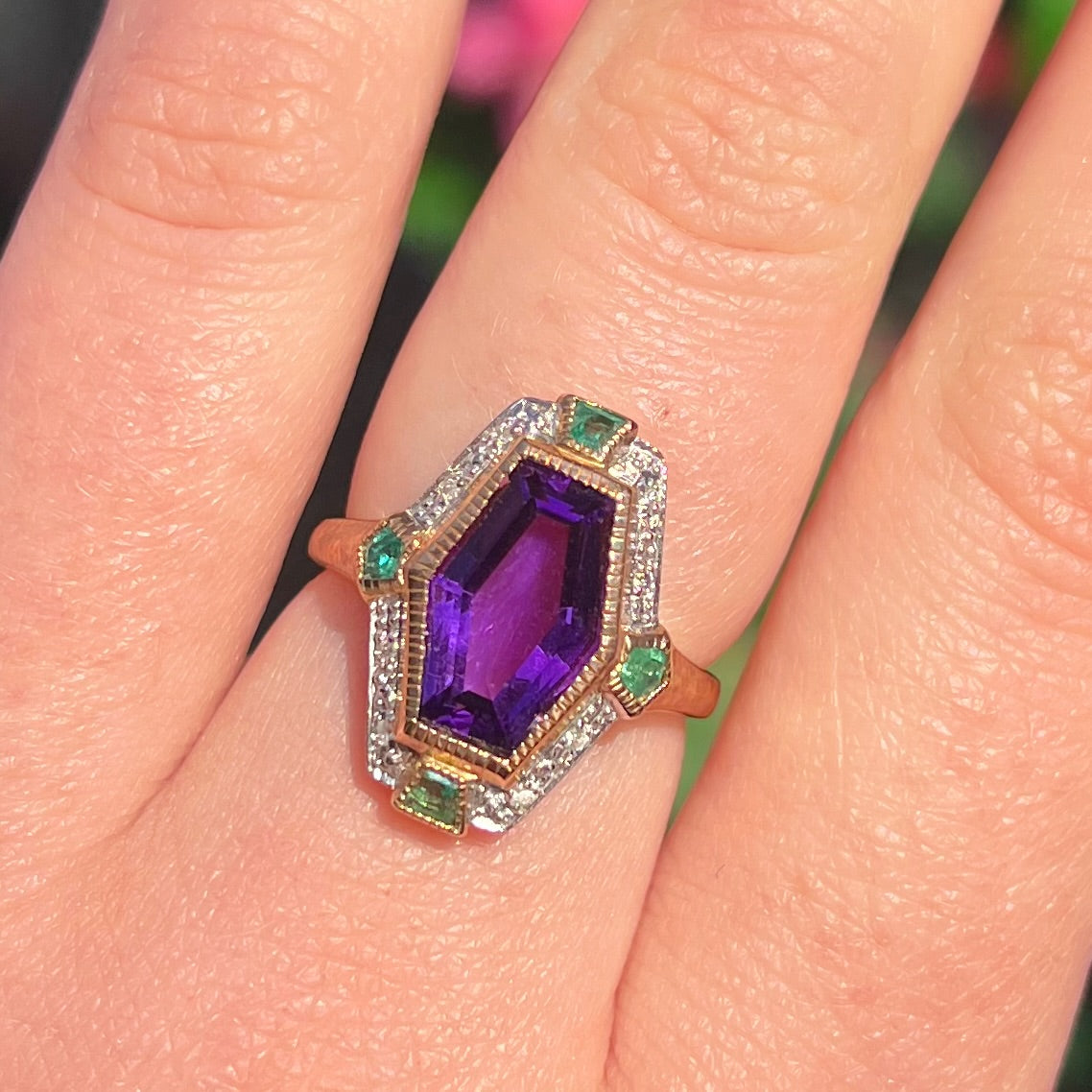 Art Deco Reproduction Amethyst Emerald and Diamond 9ct Yellow Gold Ring | Size N