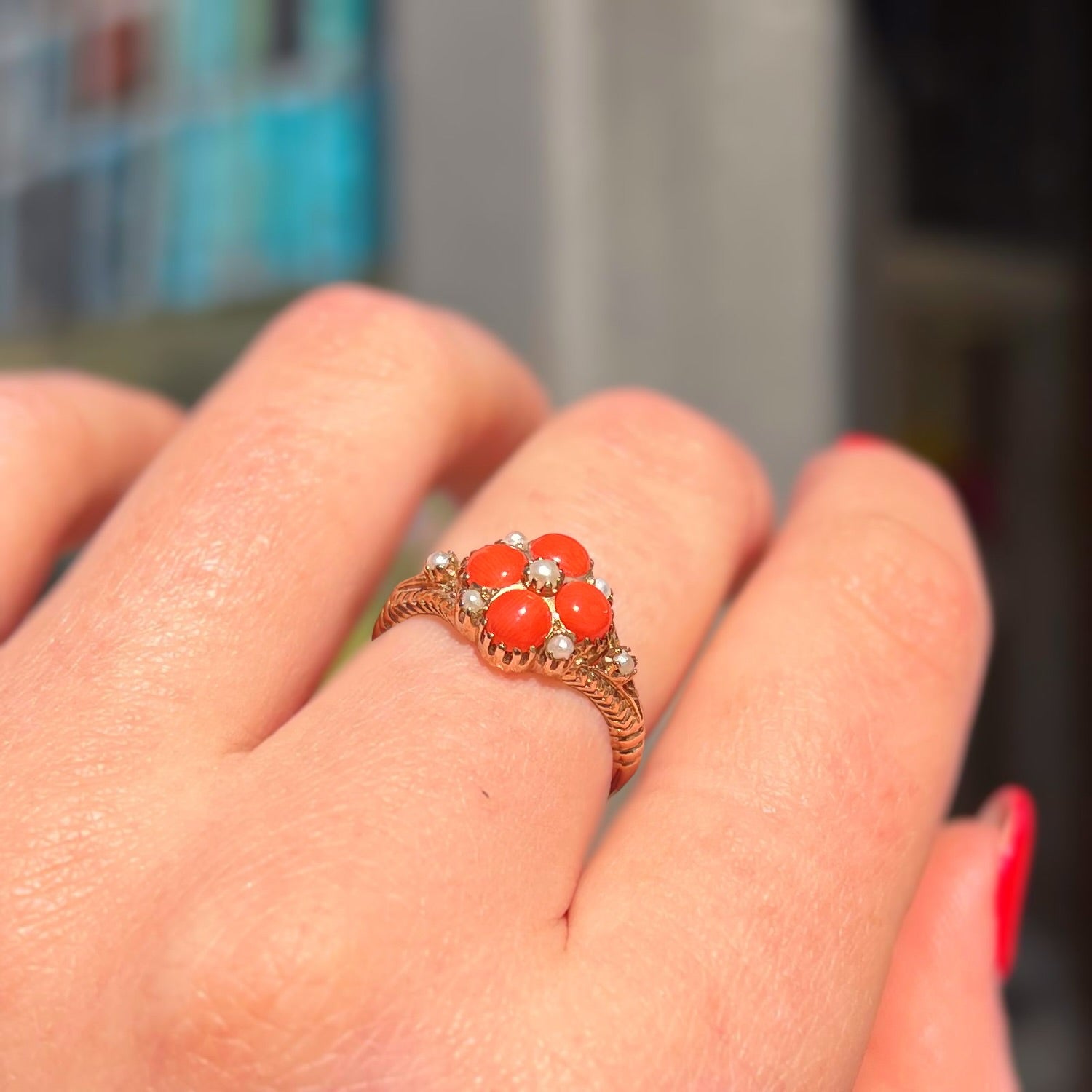 Victorian Inspired Coral and Seed Pearl 9ct Yellow Gold Forget-me-not Ring | Size M ½