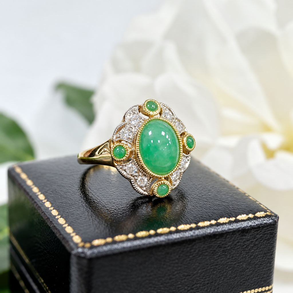 Jade and Diamond Art Deco Reproduction 9ct Yellow Gold Ring