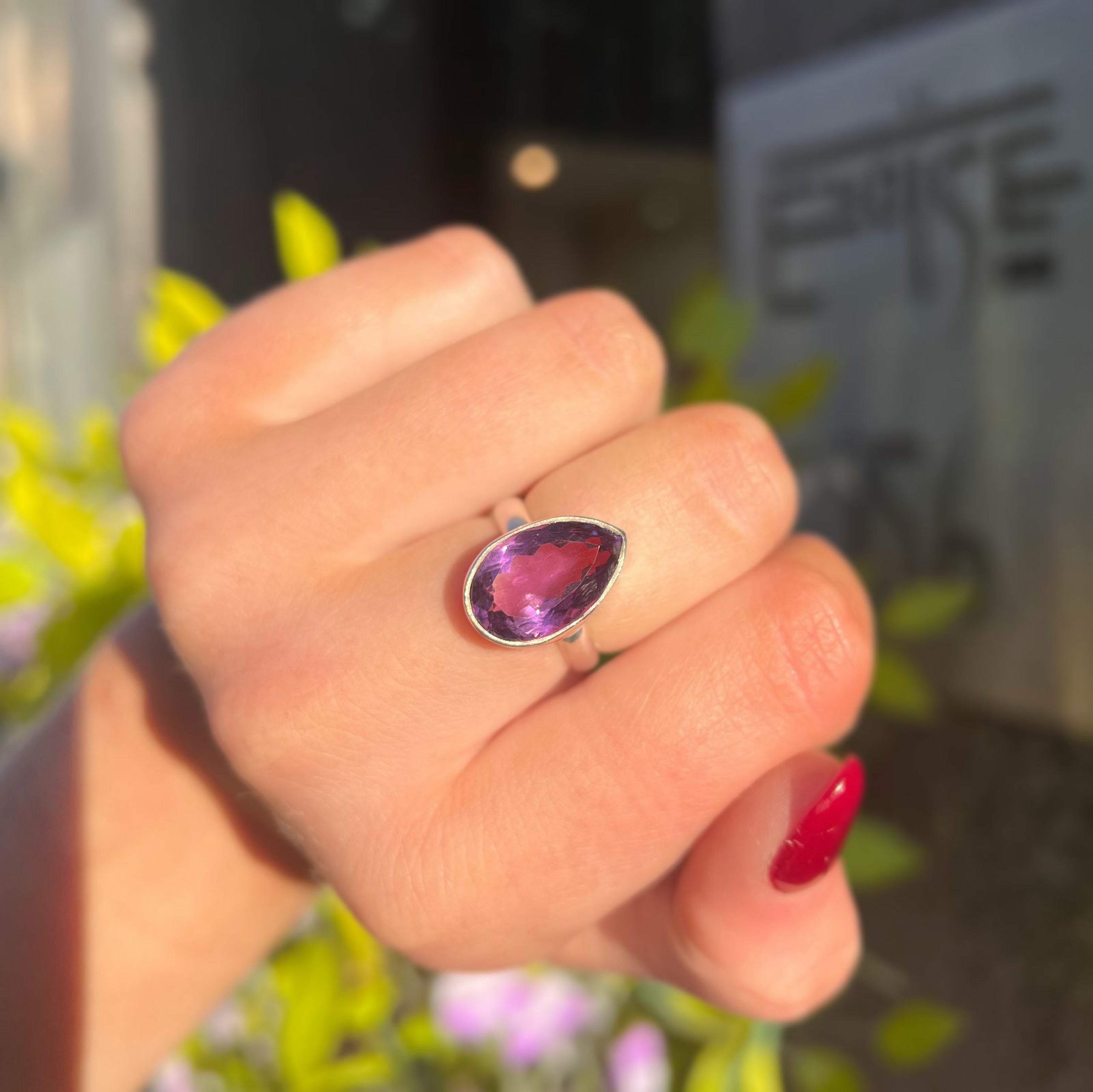 Plain Pear Shaped Faceted Amethyst Sterling Silver Ring | Size L ½