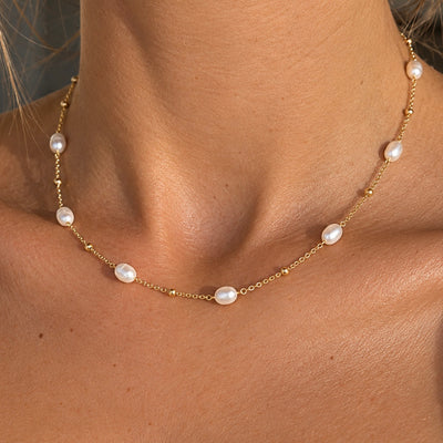 Pearl Sterling Silver Gold Plated Layering Dainty Station Necklace