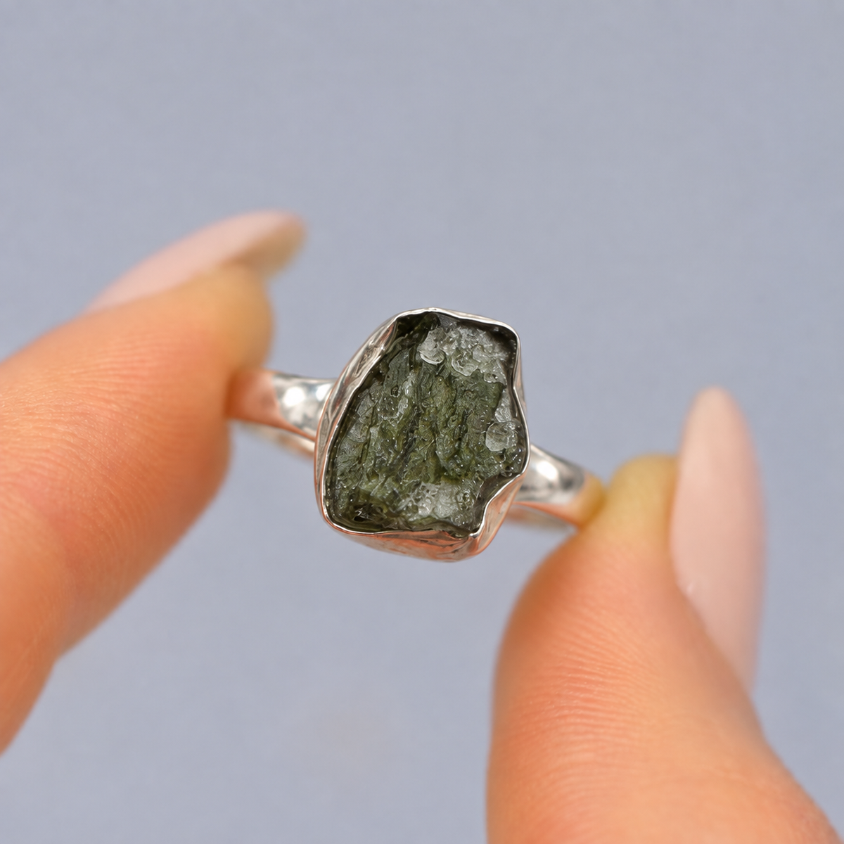 Rough Cut Green Moldavite Sterling Silver Ring | Size O