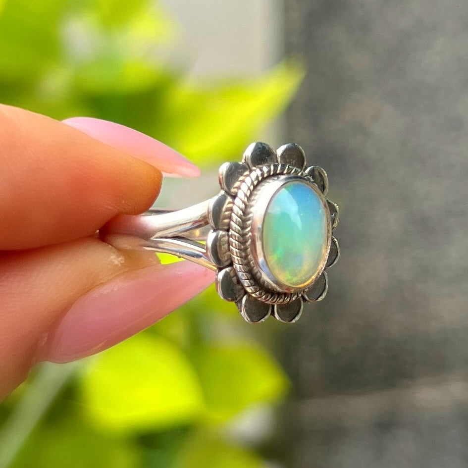 Sterling Silver Flower Design Opal Ring - Size O