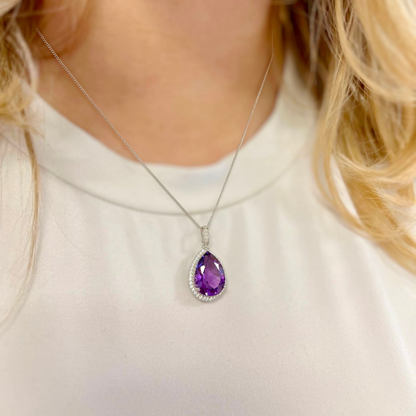 Sparkling Sterling Silver Pear Shaped Amethyst and Cubic Zirconia Necklace