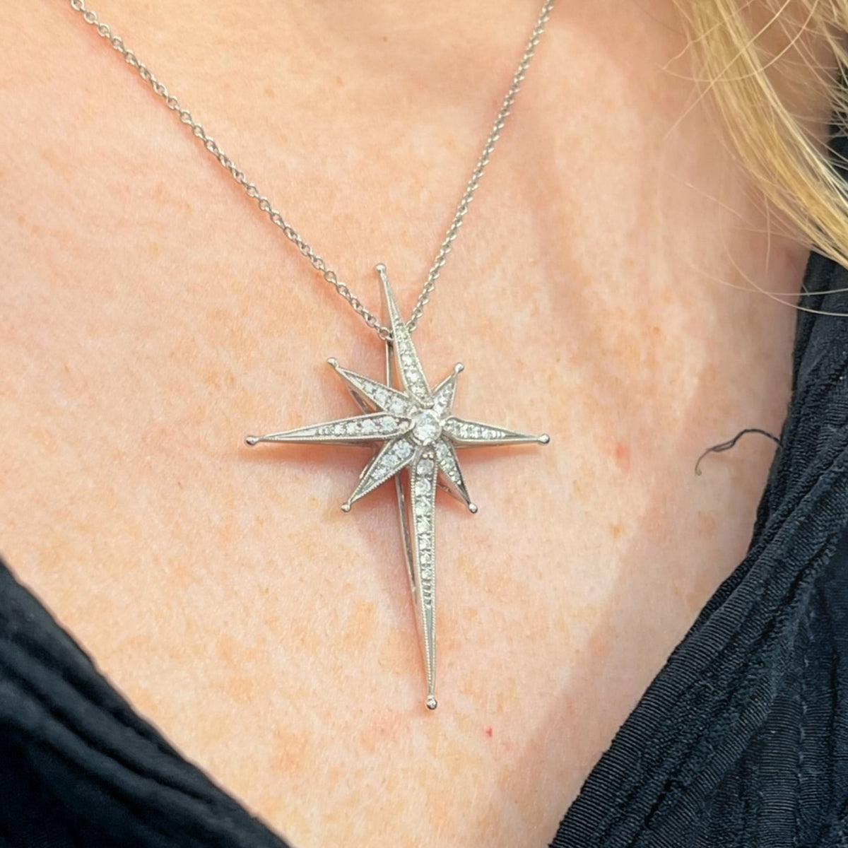 9ct White Gold and Diamond Edwardian Inspired Star Necklace