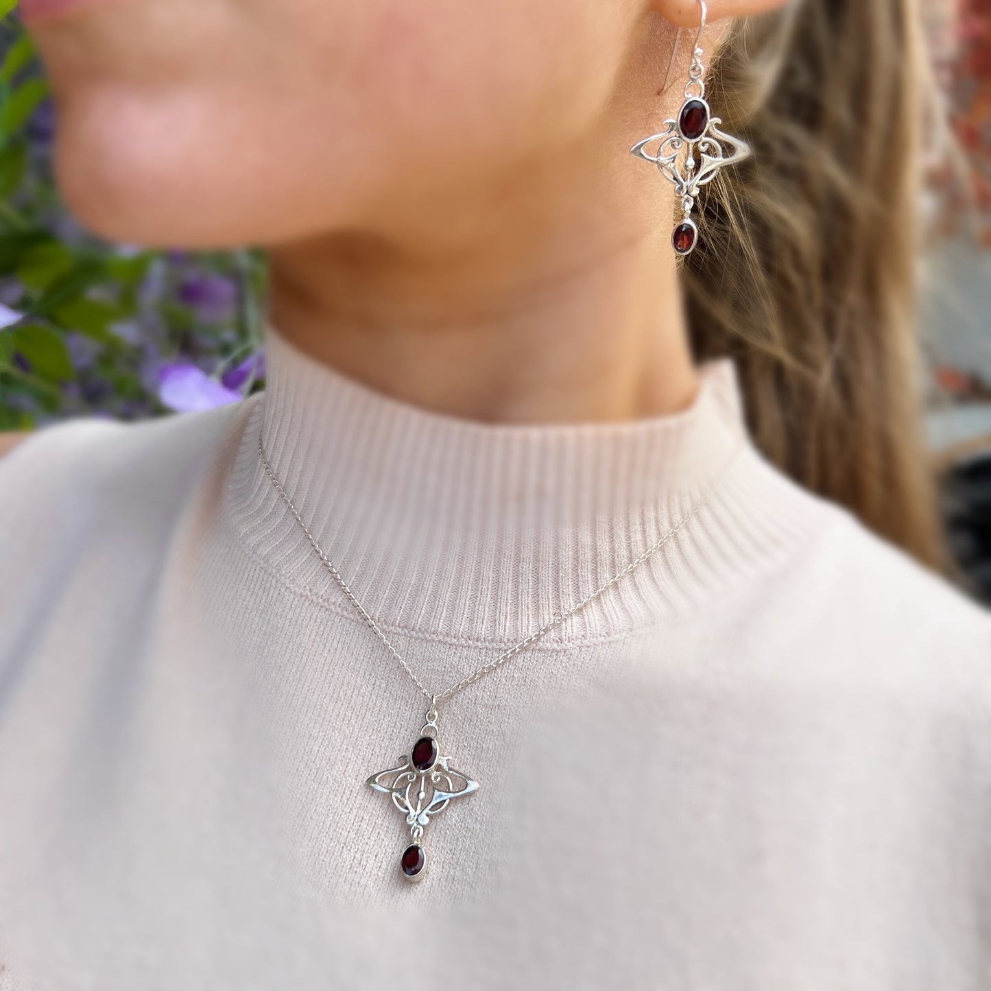 Sterling Silver Garnet Art Nouveau Inspired Necklace