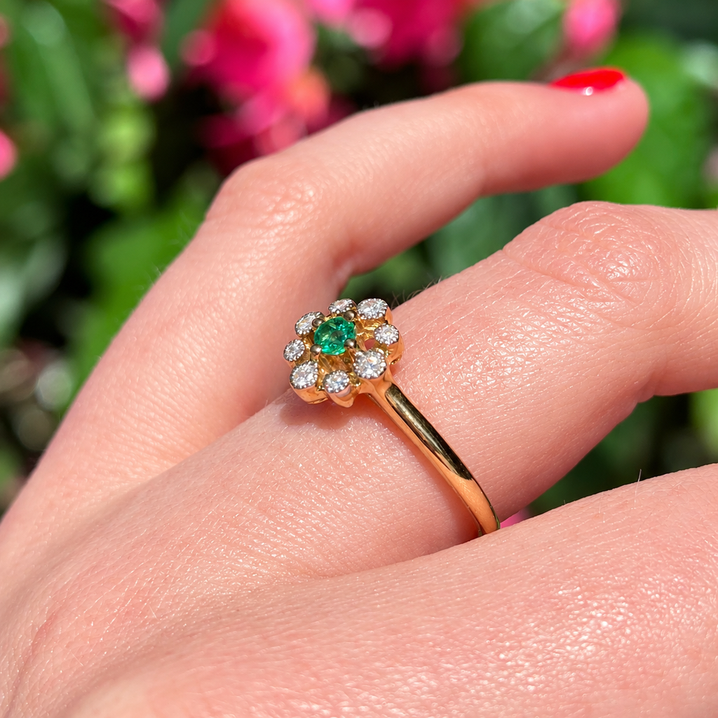 Emerald and Diamond 9ct Yellow Gold Flower Ring | Size O ½