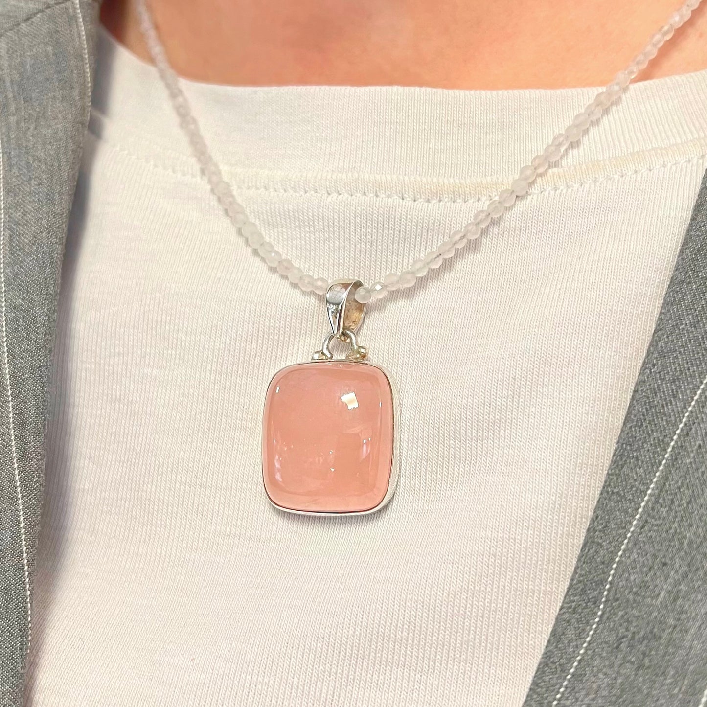 Sterling Silver Pink Square Rose Quartz Beaded Necklace