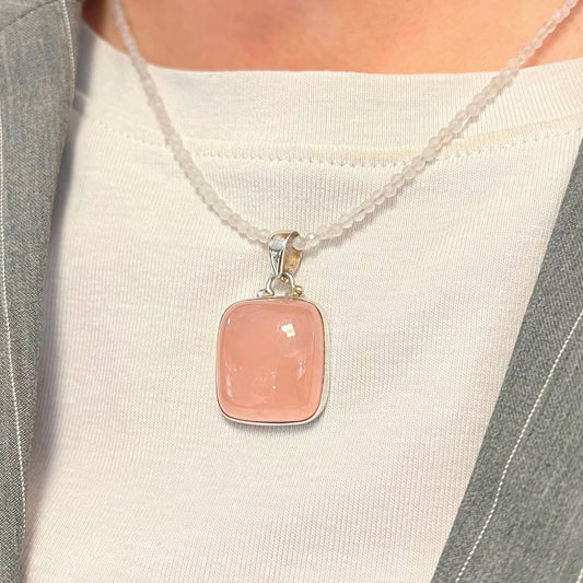 Sterling Silver Pink Square Rose Quartz Beaded Necklace