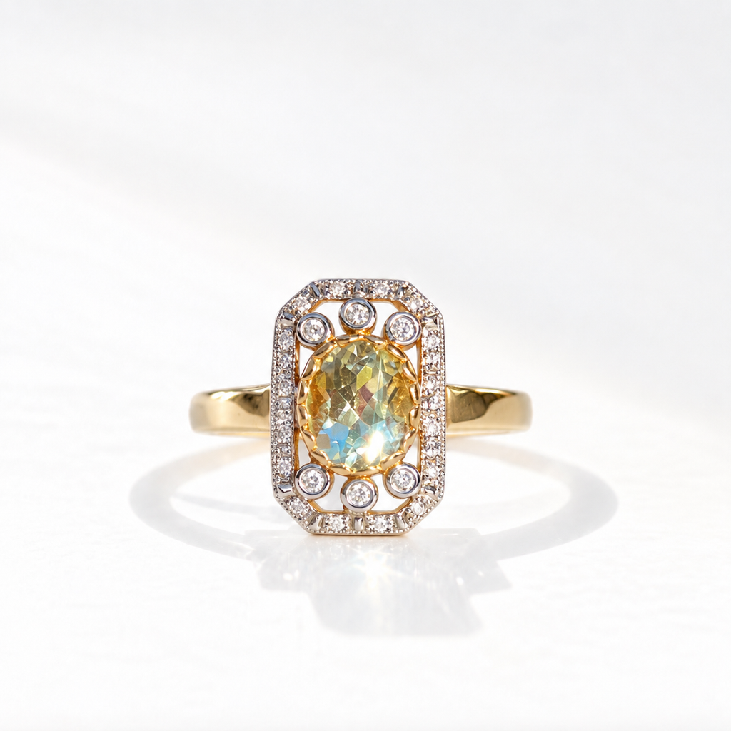 Art Deco Inspired Green Amethyst and Diamond 9ct Yellow Gold Ring | Size M
