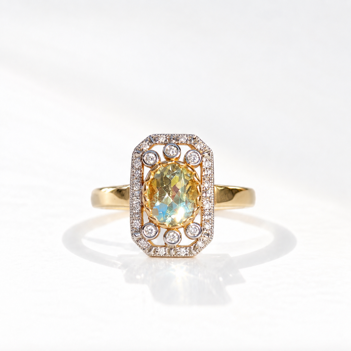 Art Deco Inspired Green Amethyst and Diamond 9ct Yellow Gold Ring | Size M