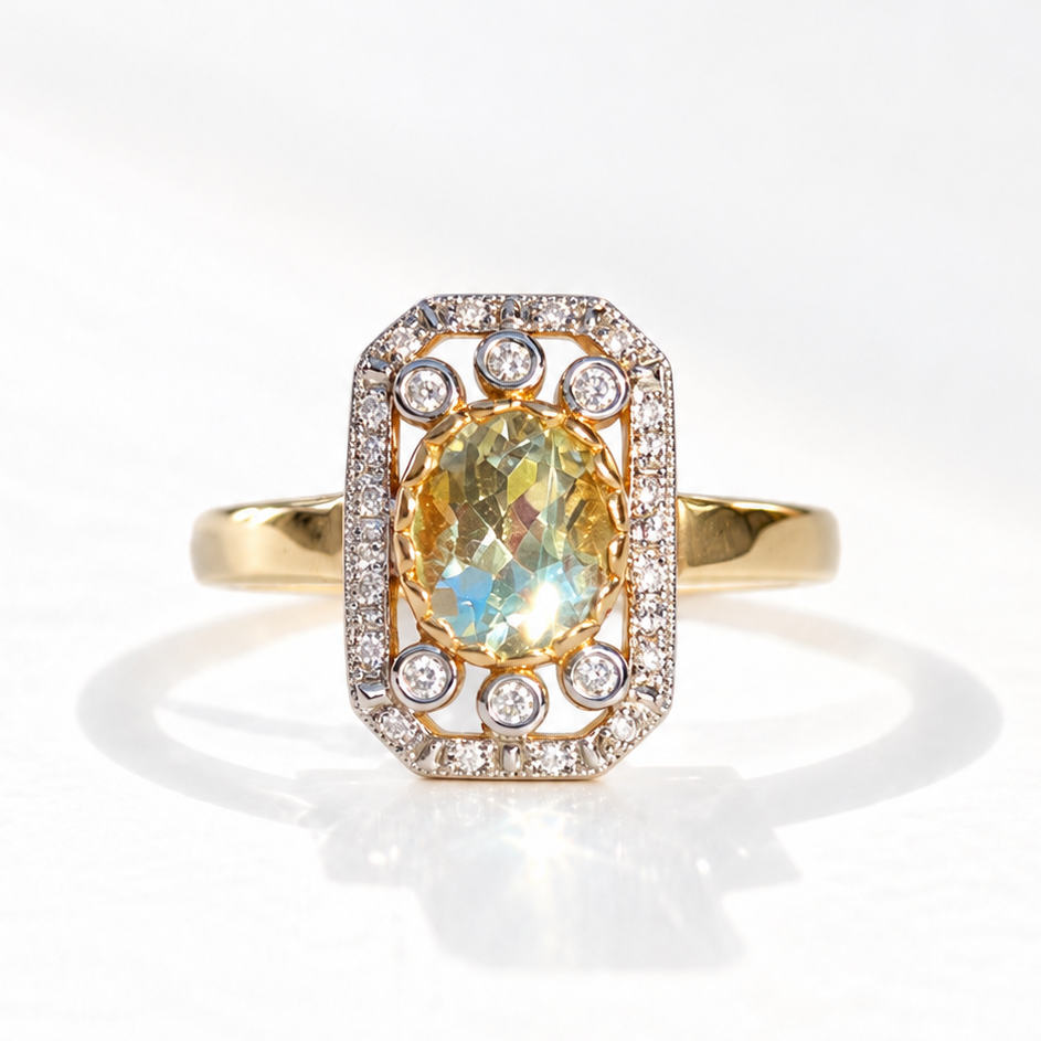 Art Deco Inspired Green Amethyst and Diamond 9ct Yellow Gold Ring | Size M