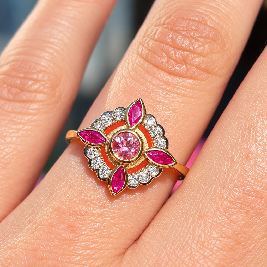 Edwardian Reproduction Pink Tourmaline, Ruby and Diamond 9ct Yellow Gold Ring | Size O