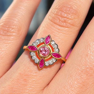 Edwardian Reproduction Pink Tourmaline, Ruby and Diamond 9ct Yellow Gold Ring | Size O