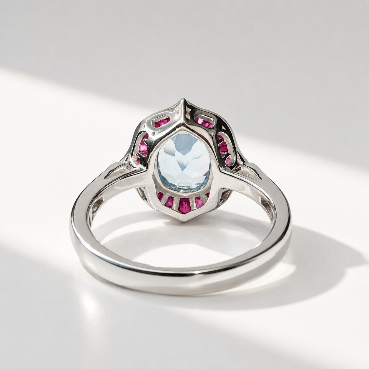 Blue Topaz, Ruby and Diamond 9ct White Gold Ring | Size M ½