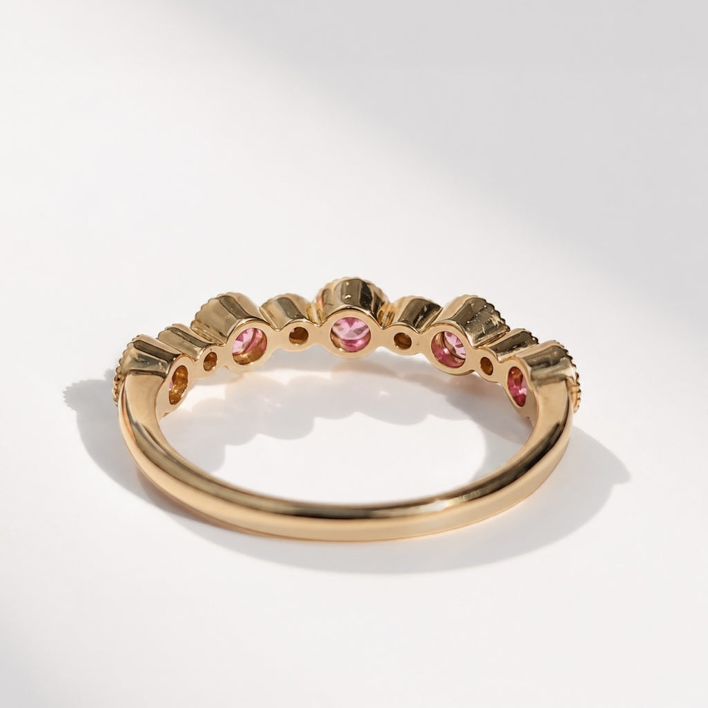 Pink Sapphire and Diamond 9ct Yellow Gold Half Eternity Ring | Size N