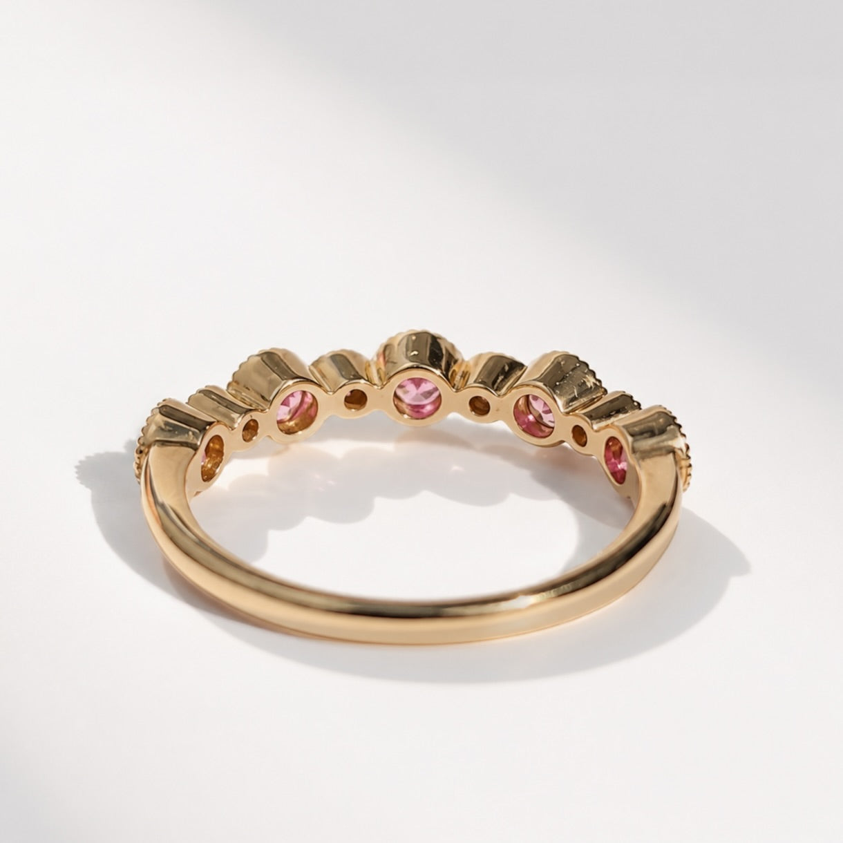 Pink Sapphire and Diamond 9ct Yellow Gold Half Eternity Ring | Size N