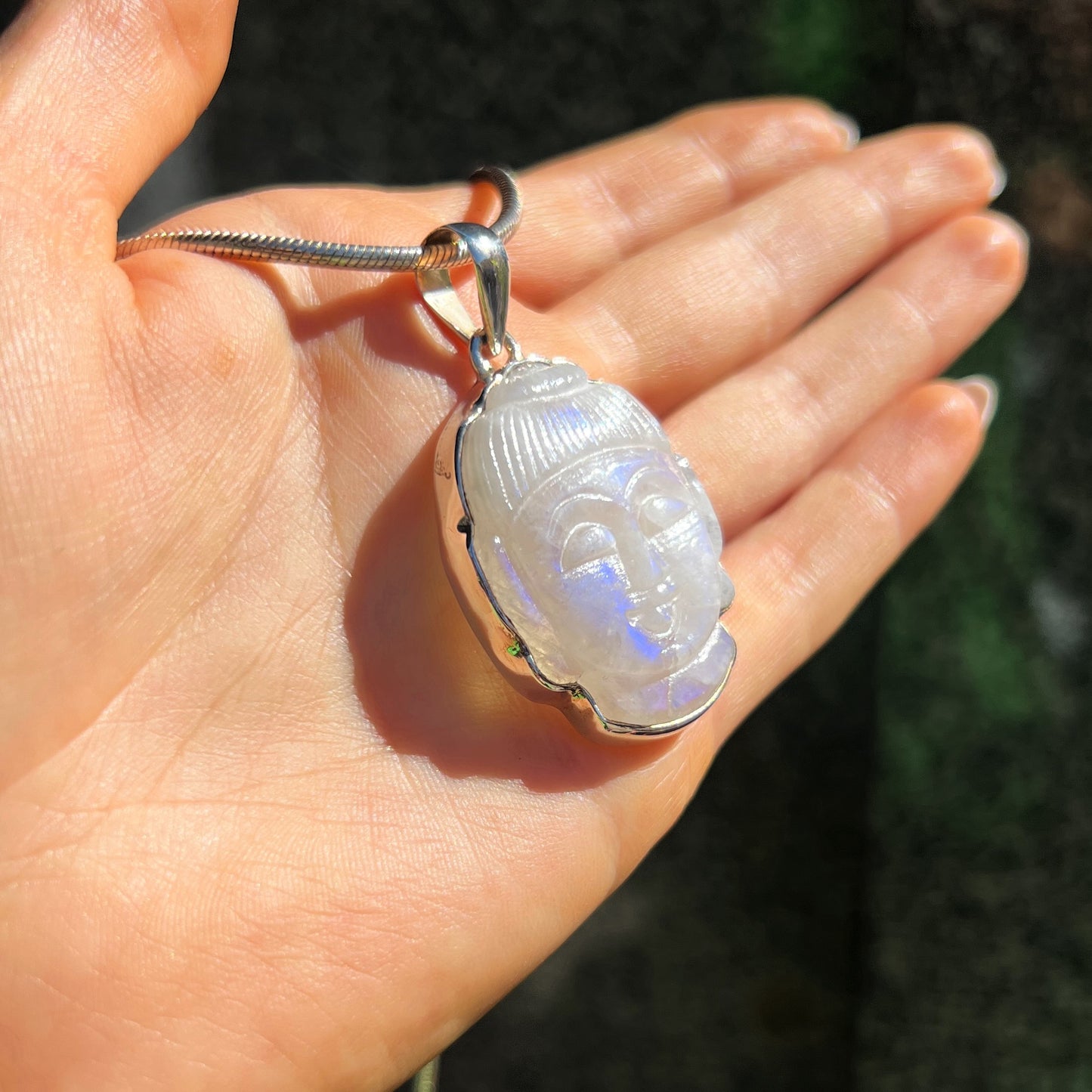 Chunky Buddha Head Sterling Silver Rainbow Moonstone Pendant & Chain