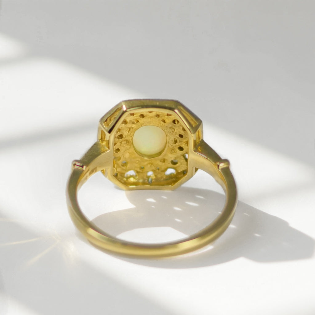 Art Deco Inspired Octagonal Opal and Diamond 9ct Yellow Gold Cluster Ring | Size O