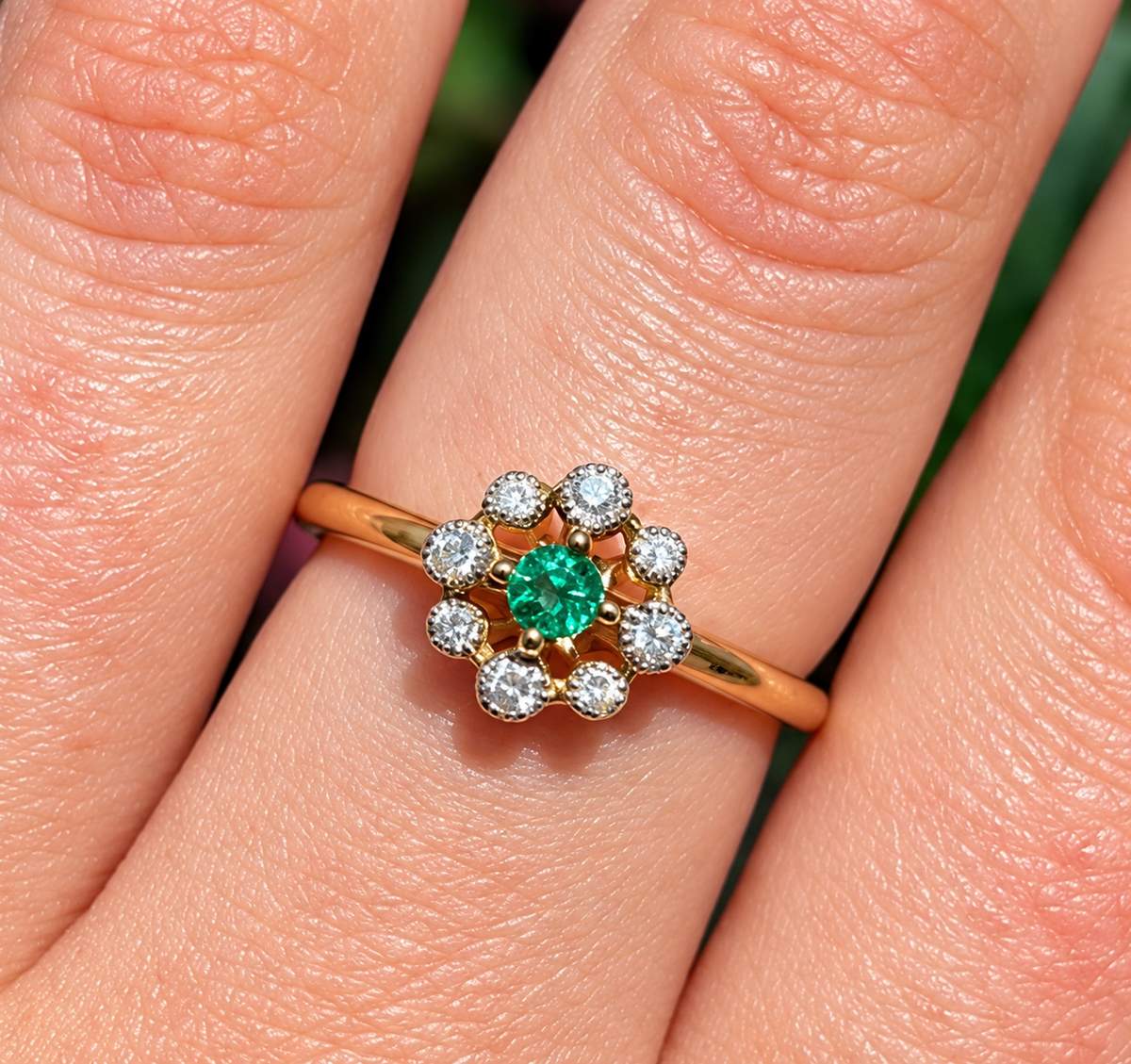 Emerald and Diamond 9ct Yellow Gold Flower Ring | Size O ½