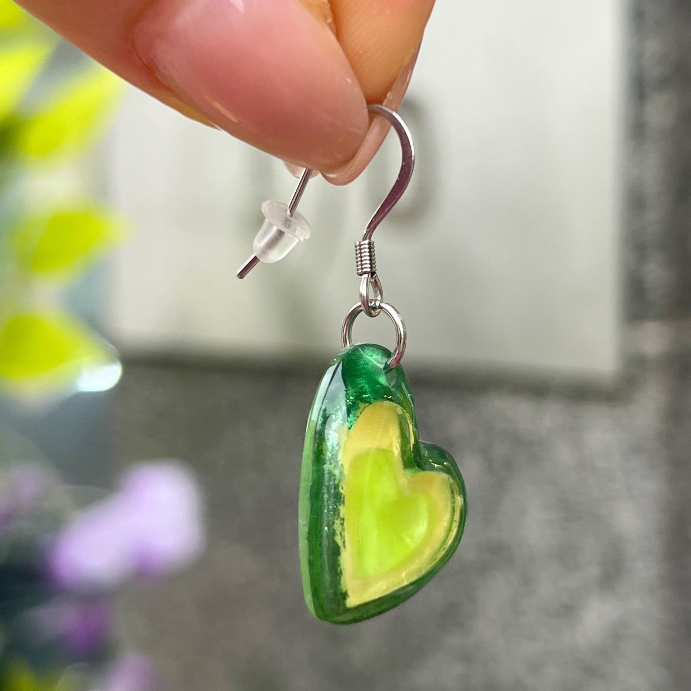 ‘Watch This Space’ Green Love Heart Drop Earrings