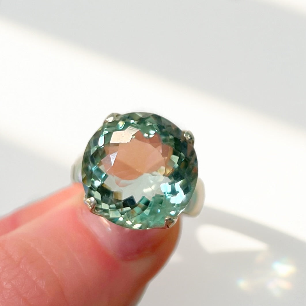 Sterling Silver Round-Cut Green Amethyst Cocktail Ring - Size M ½