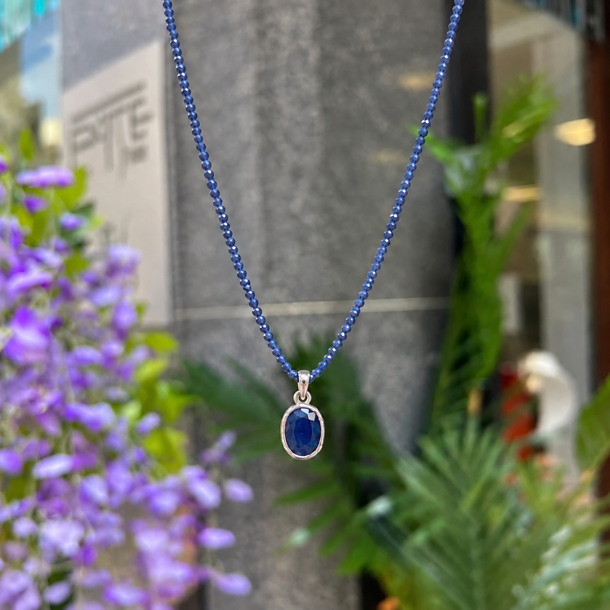 Blue Sapphire Sterling Silver Pendant Beaded Necklace