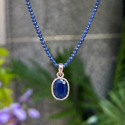 Blue Sapphire Sterling Silver Pendant Beaded Necklace