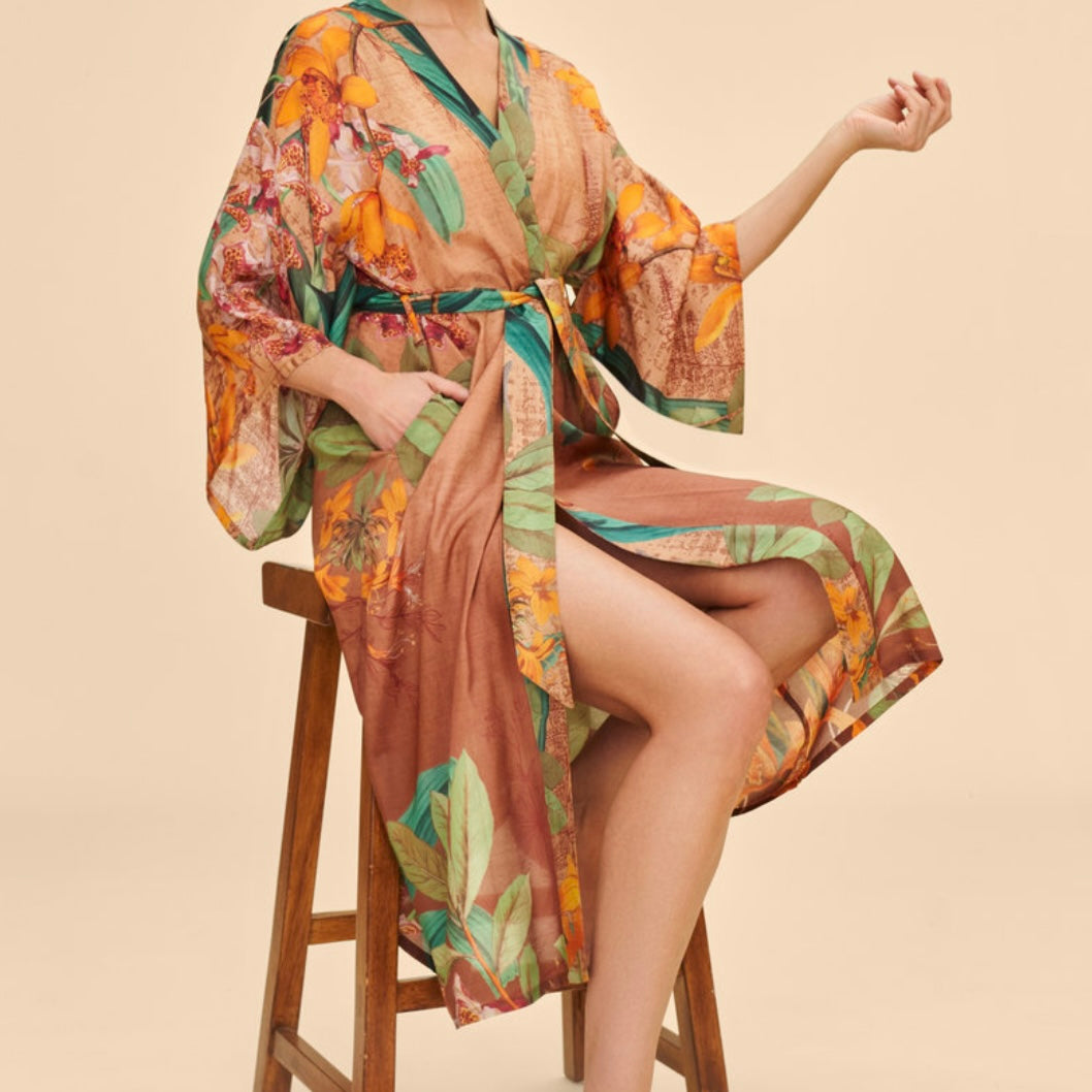 Powder Accessories Orange and Green Floral Botany Bliss Long Kimono Gown