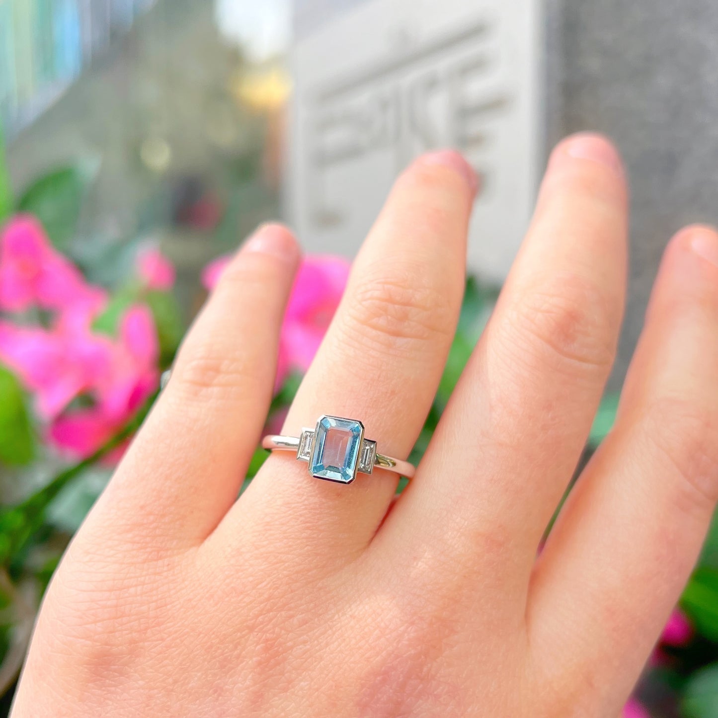 Incredible 18ct White Gold Emerald-Cut Aquamarine and Baguette-Cut Diamond Trilogy Ring - Size N
