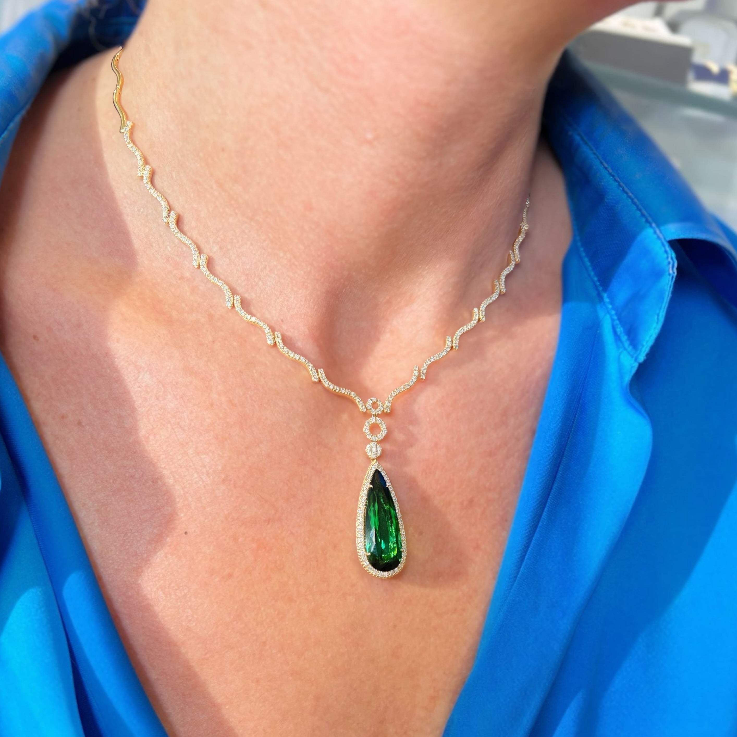 8.78ct Tourmaline and Diamond 18ct Yellow Gold Teardrop Necklace