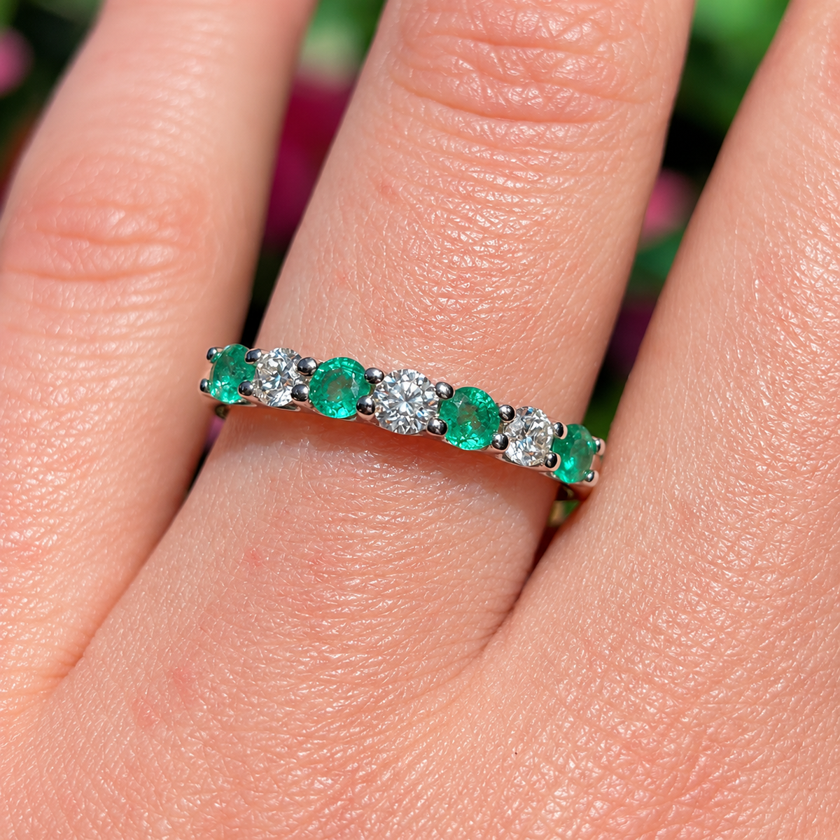 Emerald and Diamond Dainty 9ct Yellow Gold Half Eternity Ring | Size O