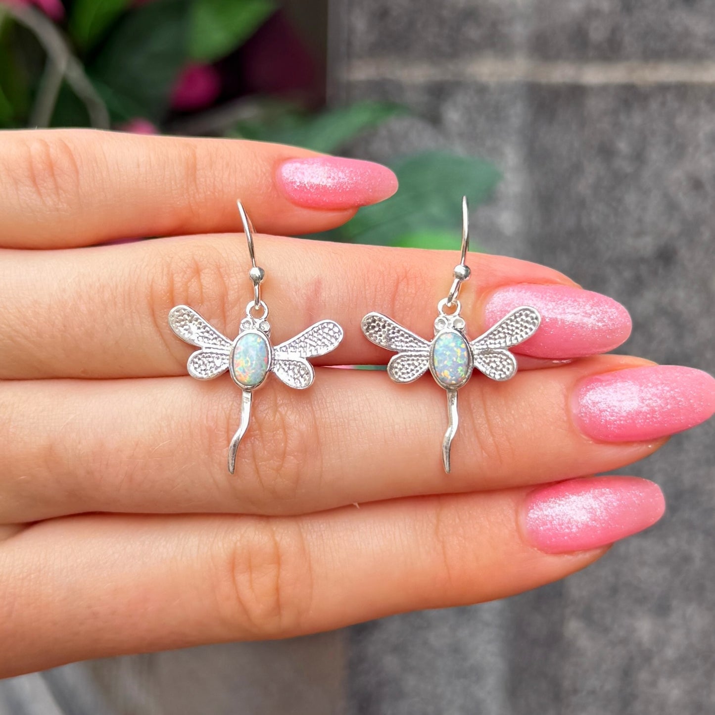 White Opal Sterling Silver Butterfly Drop Earrings