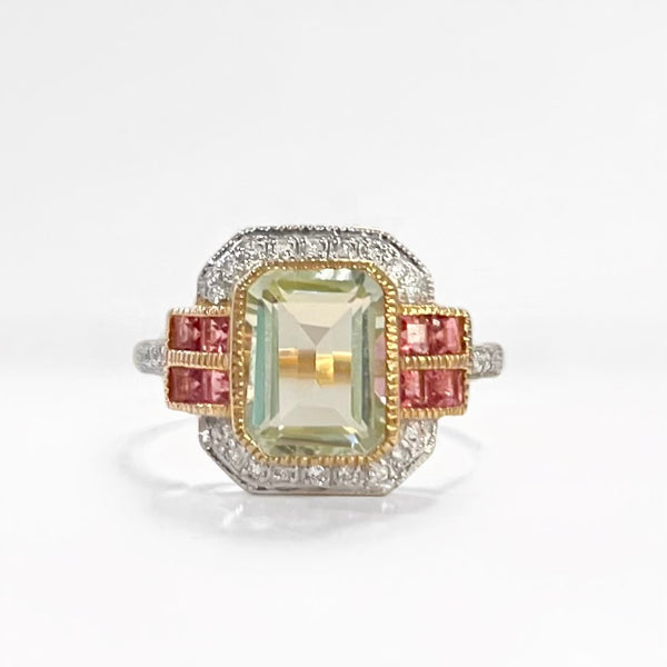 Art Deco Inspired 9ct Yellow Gold Green Amethyst and Pink Tourmaline Ring - Size O ½