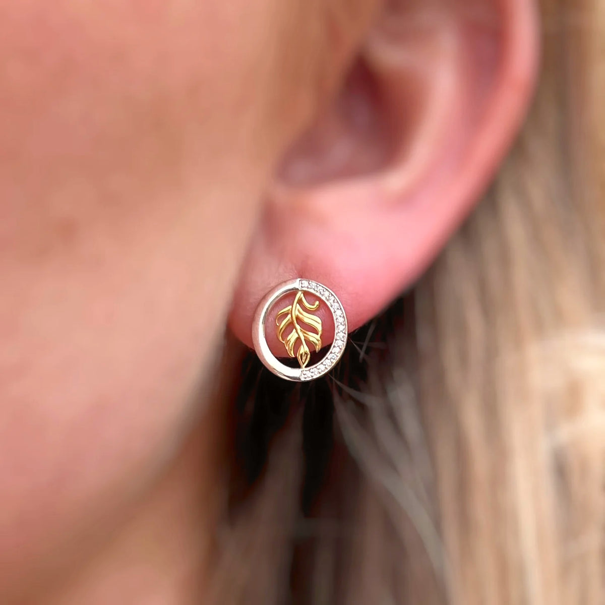 Ladies Cubic Zirconia Sterling Silver and Gold Plated Leaf Stud Earrings