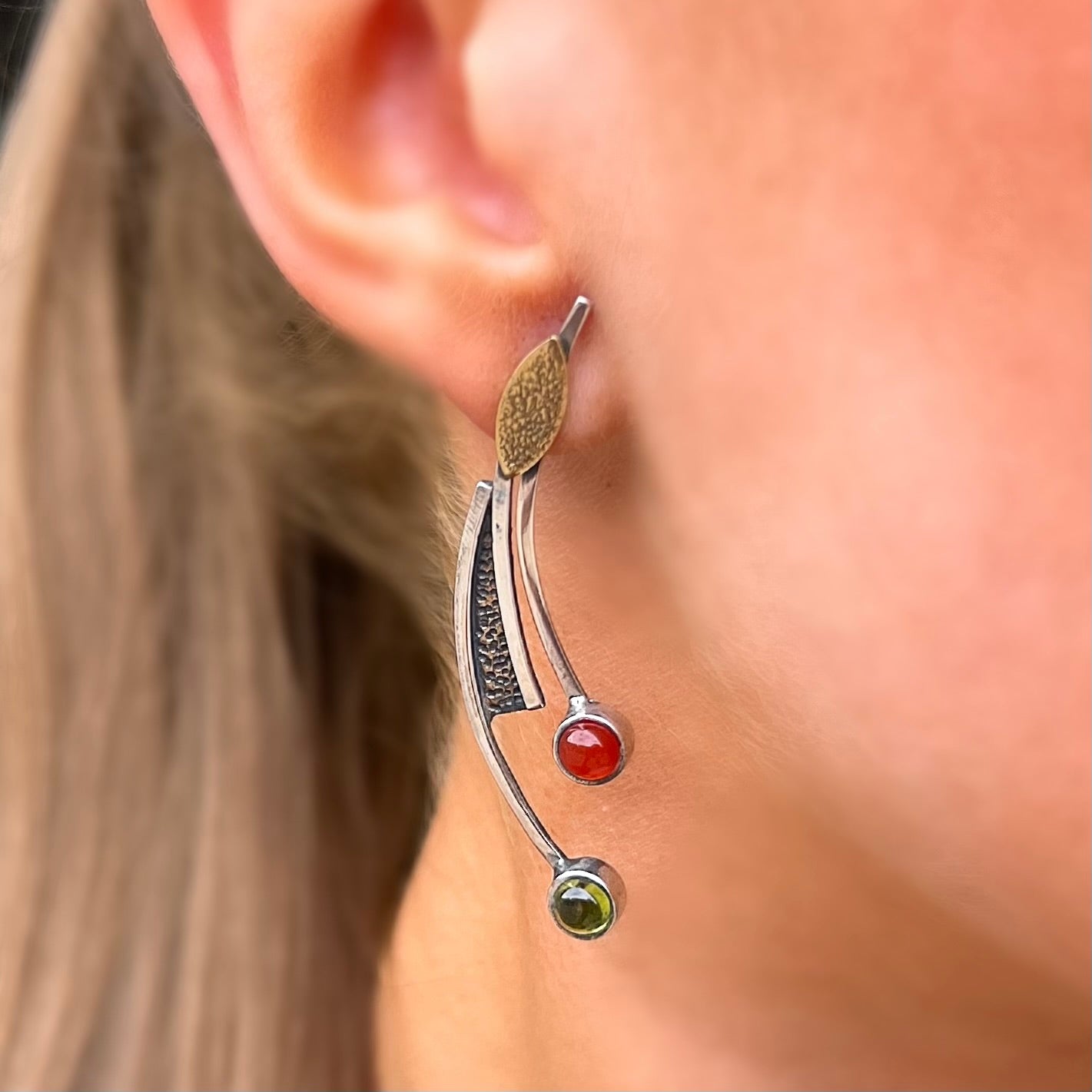 Unique Rustic Sterling Silver Peridot & Carnelian Drop Earrings