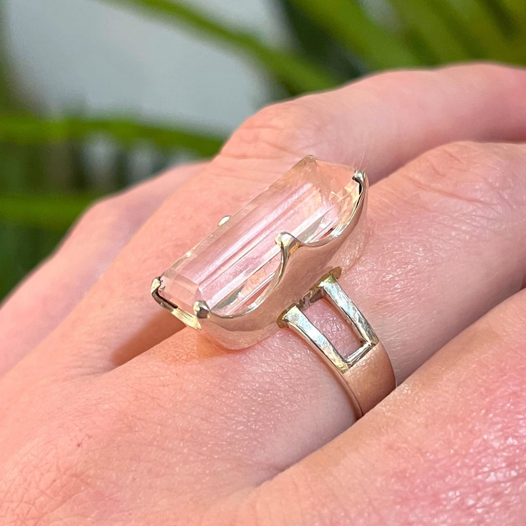 Rose Quartz Baguette Cut Sterling Silver Ring | Size Q