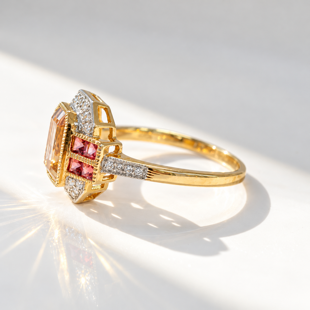 Art Deco Inspired Green Amethyst and Pink Tourmaline 9ct Yellow Gold Ring