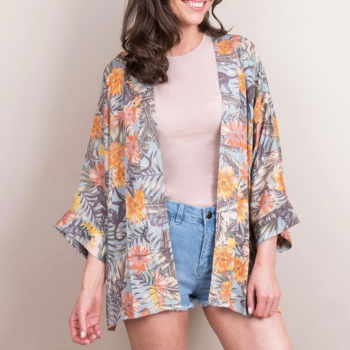 Powder Accessories Blue & Orange Oversized Short Kimono Jacket - Jungle