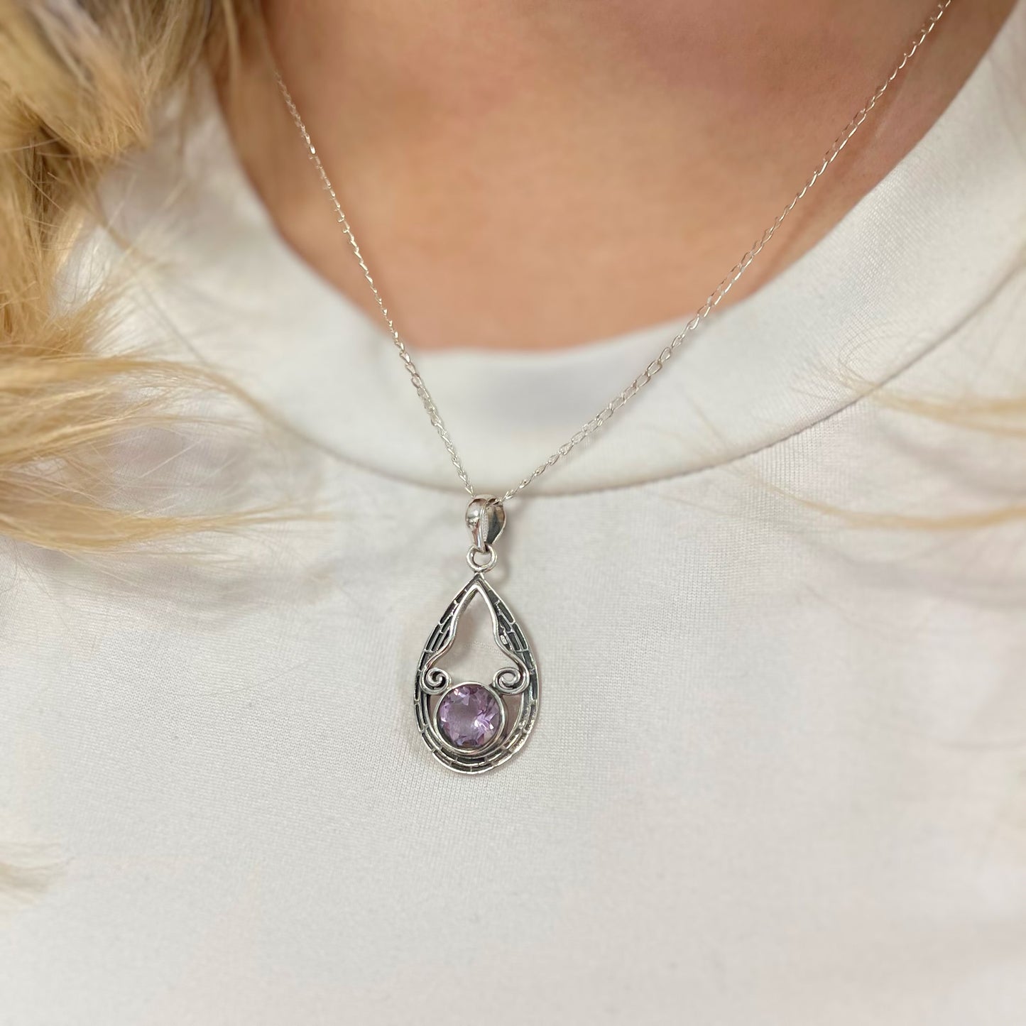 Sterling Silver Oxidised Detailed Amethyst Necklace